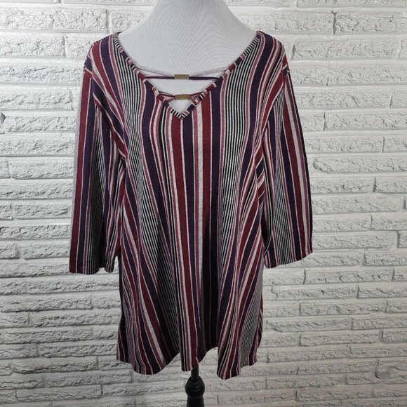 Como Blu Womens Top 2X Plus Knit 3/4 Sleeve Burgundy Stripe Poly BlendSTR115E - Picture 1 of 9